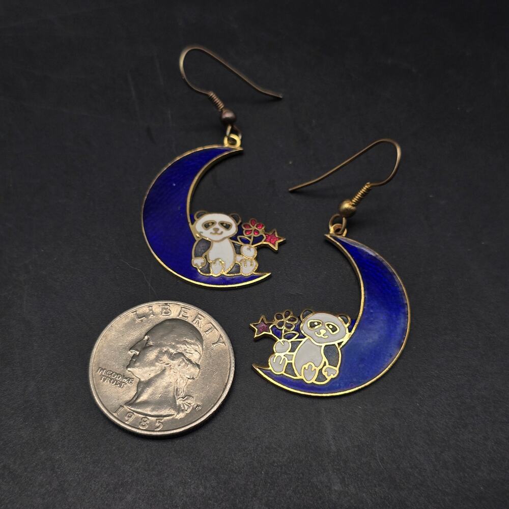 Cloisonne Panda Bears on Moon Earrings Enamel 1980s Vintage Jewelry - Picture 3 of 7